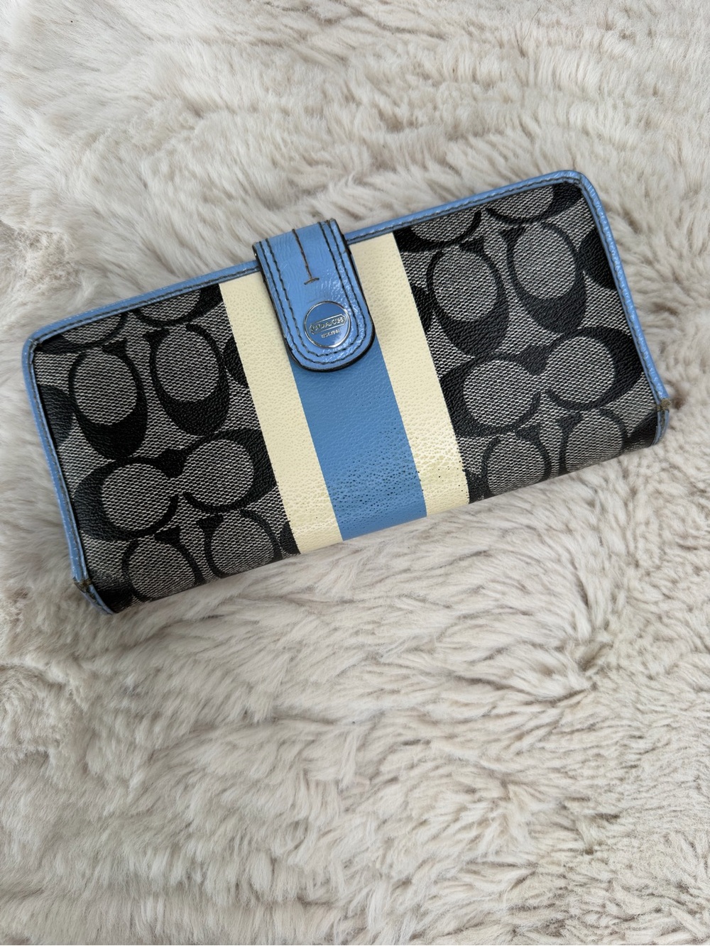 Coach Signature Continental Wallet in Black Canvas with Blue and Cream Stripe